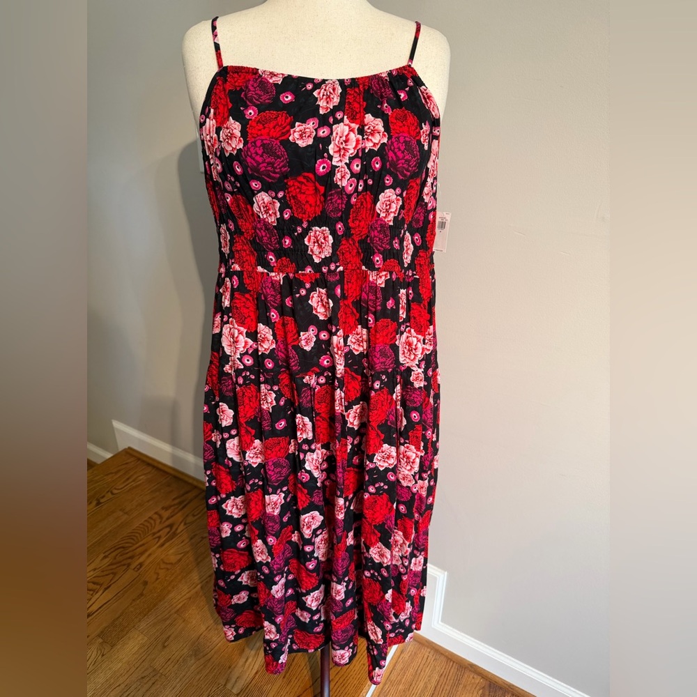NWT Old Navy Black/Red and Pink Floral Midi Sleeveless Dress -Size 2X Plus